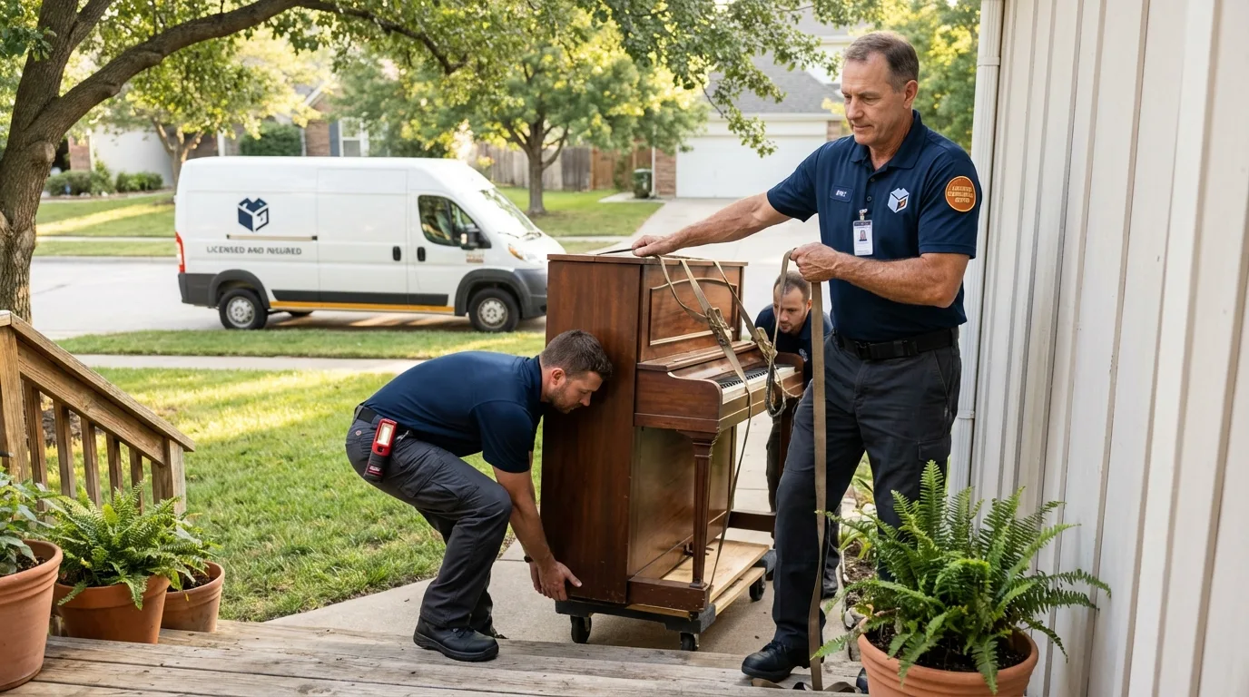 Licensed piano movers securing grand piano in Parkin, AR