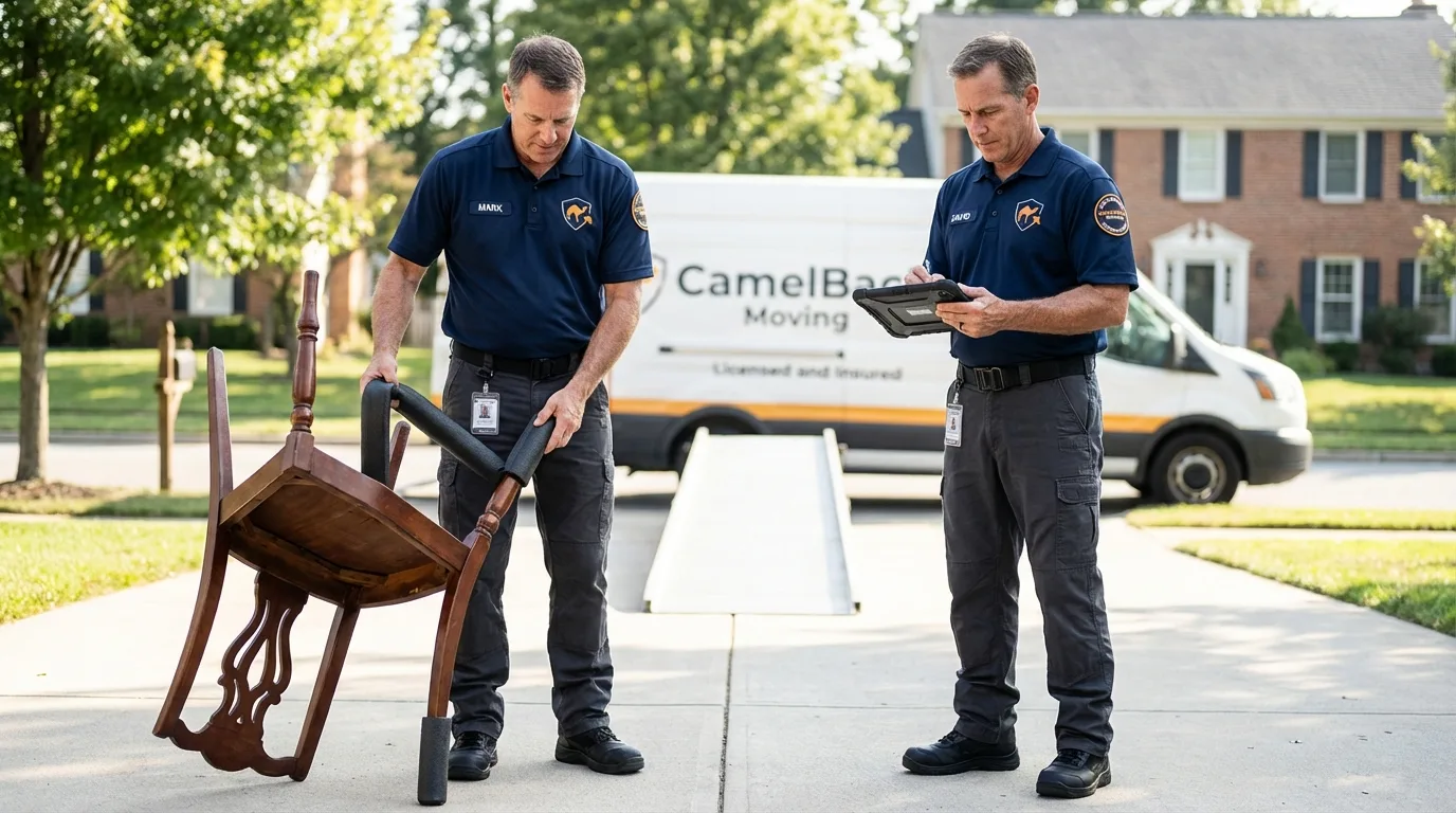 Movers inspecting furniture for damage prevention before loading in Parkin, AR