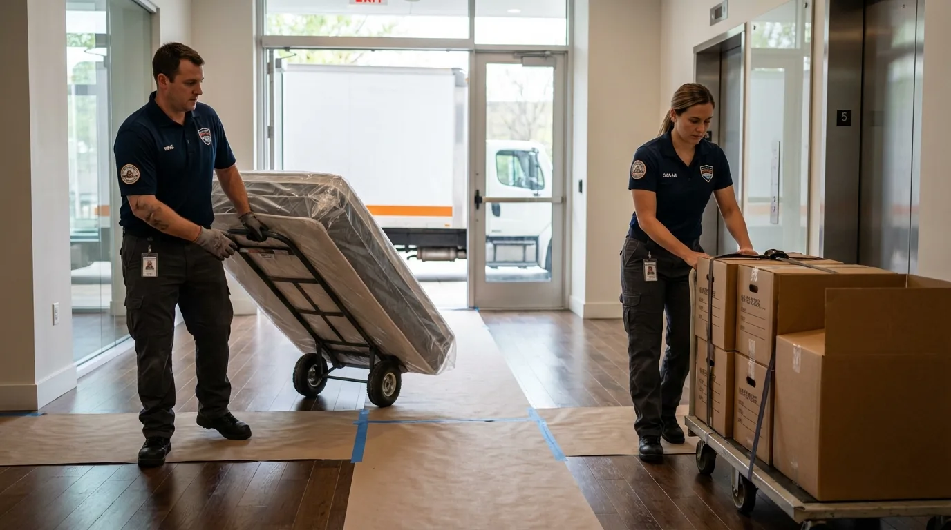 Professional apartment movers loading elevator in Parkin, AR