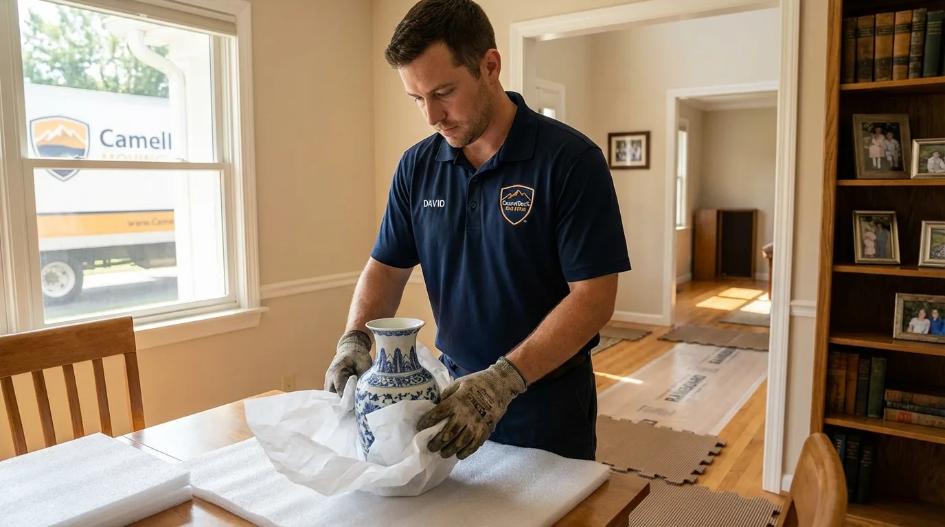 Professional crew carefully wrapping antique vase for senior downsizing move in Parkin, AR